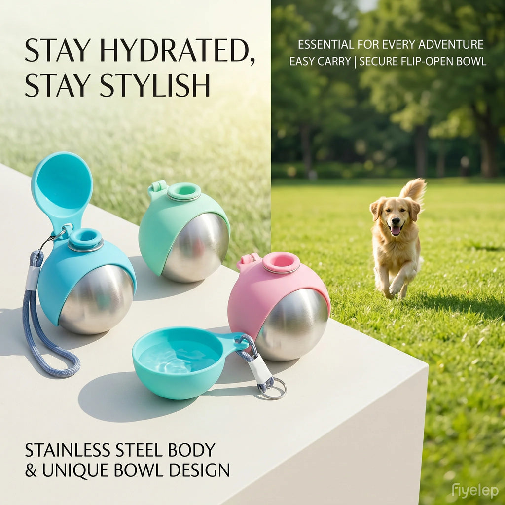 Dog Water Bottle with Removable Silicone Bowl,285ml Stainless Steel Construction, Leak-Proof for Outdoor Activities Like Walking